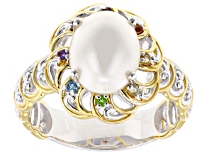 White Cultured Mabe Pearl Rhodium & 24K Yellow Gold Over Palladium Sterling Silver Ring 0.08ctw