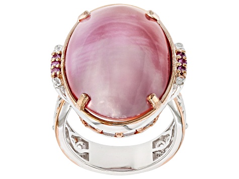 Pink Cultured Mabe Pearl and Pink Sapphire Rhodium/18K Rose Gold Over Palladium Silver Ring 0.10ctw