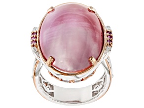Pink Cultured Mabe Pearl and Pink Sapphire Rhodium/18K Rose Gold Over Palladium Silver Ring 0.10ctw