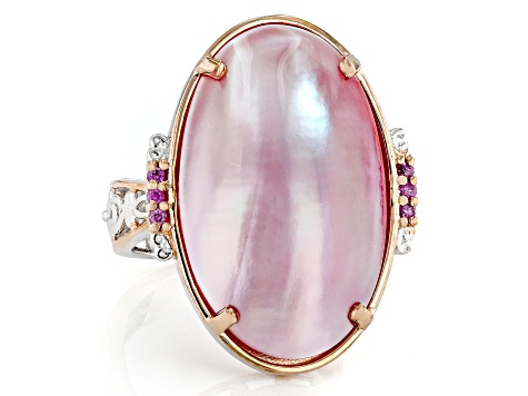Pink Cultured Mabe Pearl and Pink Sapphire Rhodium/18K Rose Gold Over Palladium Silver Ring 0.10ctw