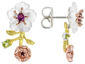 Frosted White Quartz & Multi Gemstone Rhodium18K/24K Gold Over Palladium Sterling Silver Earrings