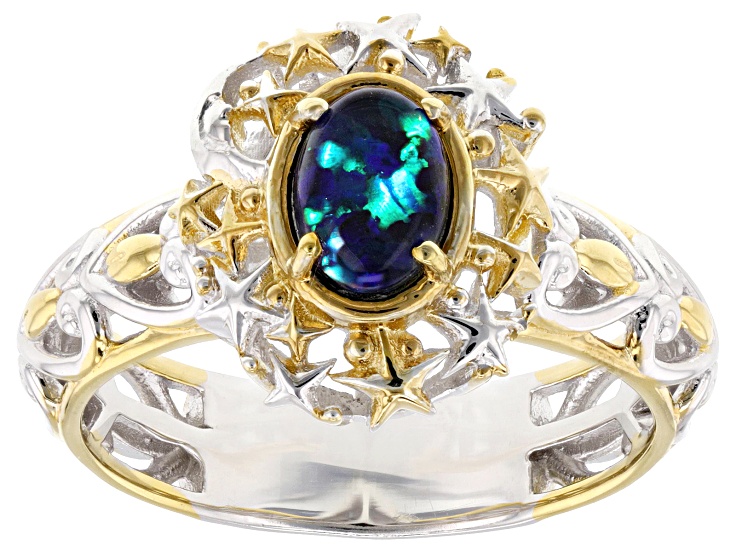 Peacock Australian Opal Triplet Rhodium & 24K Yellow Gold Over Palladium Sterling Silver Ring