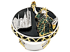Green Grizzly Emerald Rhodium/24k Gold Over Palladium Sterling Silver Statue of Liberty Ring .91ctw