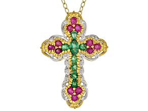 Ruby, Grizzly Emerald Rhodium/24k Gold Over Palladium Sterling Silver Cross Pendant/Chain 1.41ctw