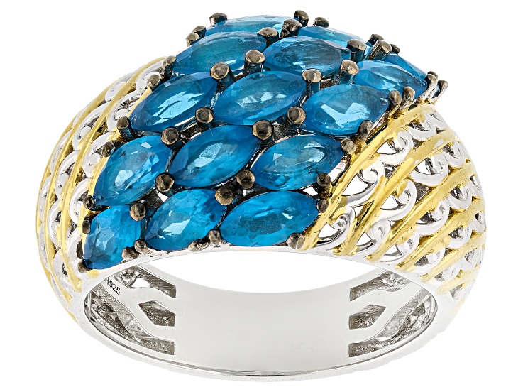 Blue Neon Apatite Rhodium/24k Yellow Gold Over Palladium Sterling Silver Band Ring 2.10ctw
