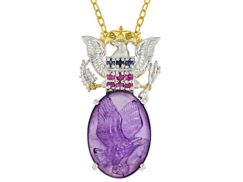 Purple Carved Amethyst Rhodium/24k Gold Over Palladium Sterling Silver Eagle Pendant With Chain