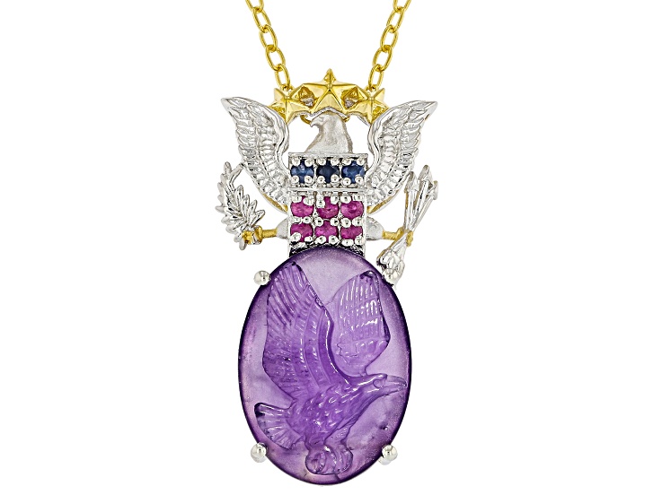 Purple Carved Amethyst Rhodium/24k Gold Over Palladium Sterling Silver Eagle Pendant With Chain