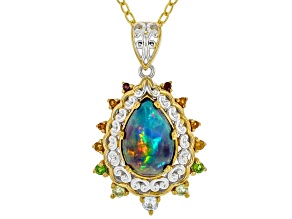 Multi-Color Ethiopian Opal Rhod/24k Gold Over Palladium Sterling Silver Pendant W/ Chain 2.53ctw