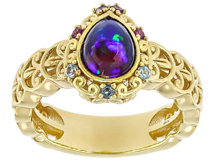 Multi-Color Ethiopian Opal, Multi Gemstones 24k Gold Over Palladium Sterling Silver Ring 0.86ctw
