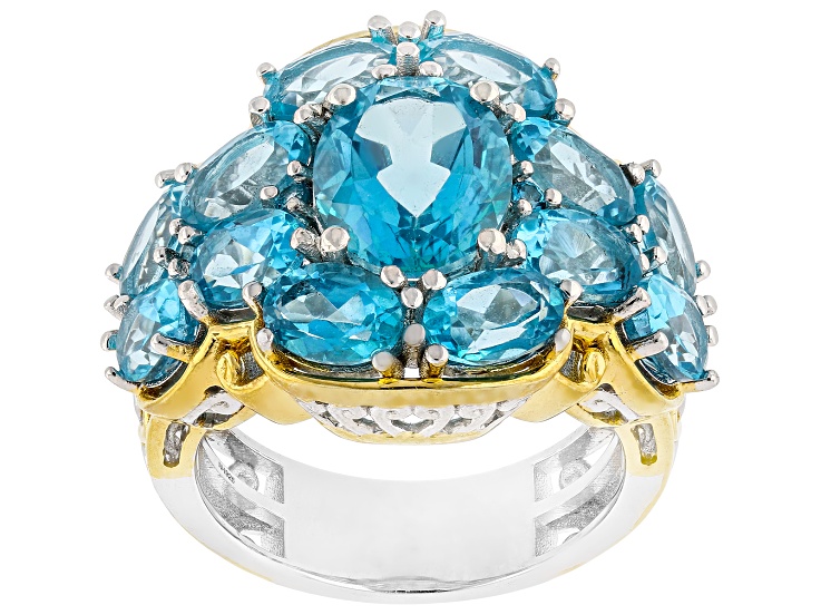 Blue Paraiba Color Topaz Rhodium/24k Yellow Gold Over Palladium Sterling Silver Ring 9.64ctw