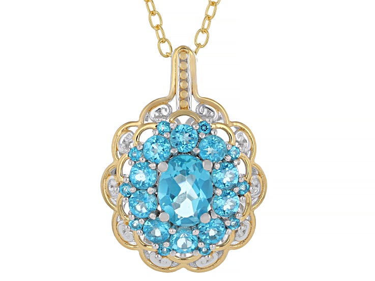 Blue Paraiba Color Topaz Rhodium/24k Gold Over Palladium Sterling Silver Pendant With Chain 2.93ctw