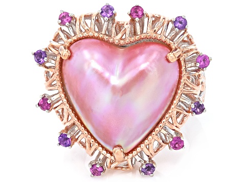 Pink Cultured Mabe Pearl, Amethyst, Rhodolite Rhodium/18k Gold Over Palladium Silver Ring 0.48ctw