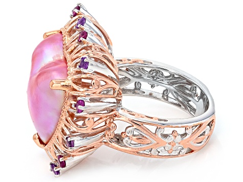 Pink Cultured Mabe Pearl, Amethyst, Rhodolite Rhodium/18k Gold Over Palladium Silver Ring 0.48ctw