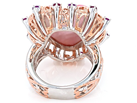 Pink Cultured Mabe Pearl, Amethyst, Rhodolite Rhodium/18k Gold Over Palladium Silver Ring 0.48ctw