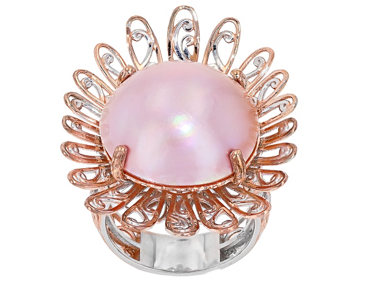 Pink Cultured Mabe Pearl Rhodium & 18k Rose Gold Over Palladium Sterling Silver Ring