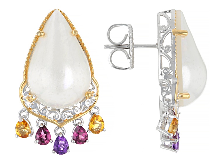 White Cultured Mabe Pearl Rhodium/24k Gold Over Palladium Sterling Silver Earrings 1.60ctw
