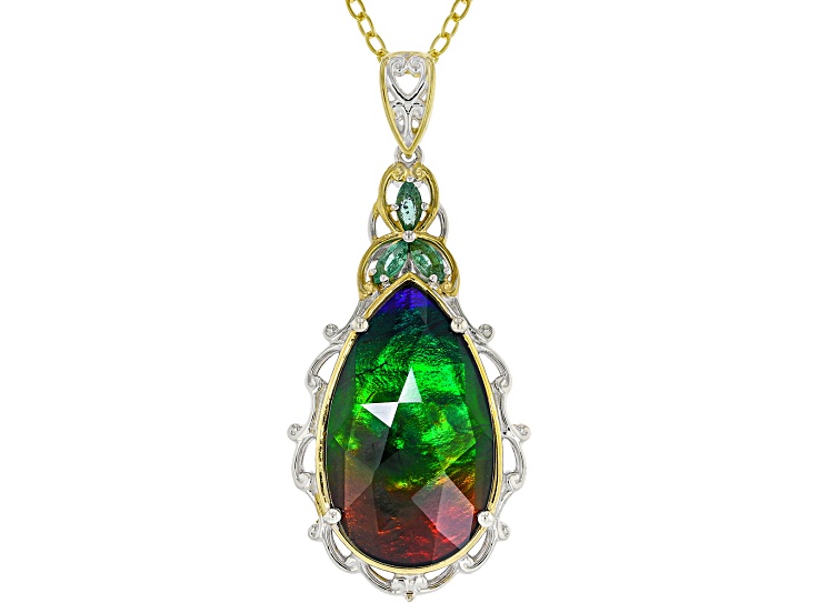 Multi-Color Ammolite Triplet Rhodium/24k Gold Over Palladium Silver Pendant With Chain 0.19ctw