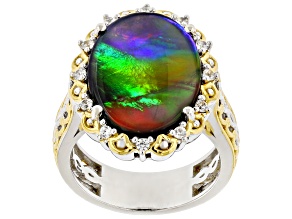 Ammolite Triplet, White Zircon Rhodium & 24k Gold Over Palladium Sterling Silver Ring 0.26ctw