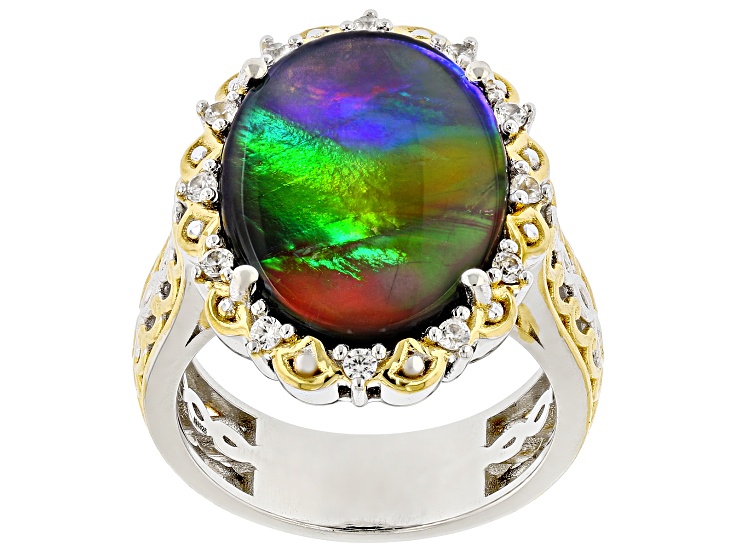 Ammolite Triplet, White Zircon Rhodium & 24k Gold Over Palladium Sterling Silver Ring 0.26ctw