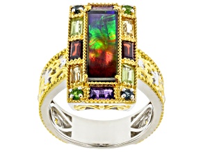 Ammolite Triplet, Multi-Gemstone Rhodium & 24k Gold Over Palladium Sterling Silver Ring 1.18ctw