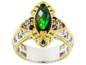 Multi-Color Ammolite, Multi-Gemstone Rhodium & 24k Gold Over Palladium Sterling Silver Ring 0.19ctw