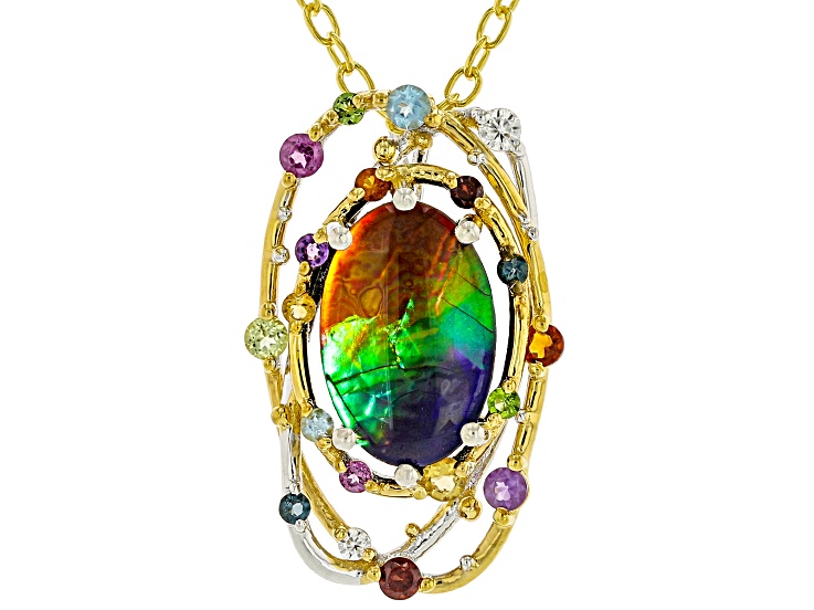 Multi-Color Ammolite Rhodium & 24k Gold Over Palladium Sterling Silver Pendant With Chain 0.42ctw