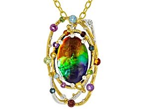 Multi-Color Ammolite Rhodium & 24k Gold Over Palladium Sterling Silver Pendant With Chain 0.42ctw