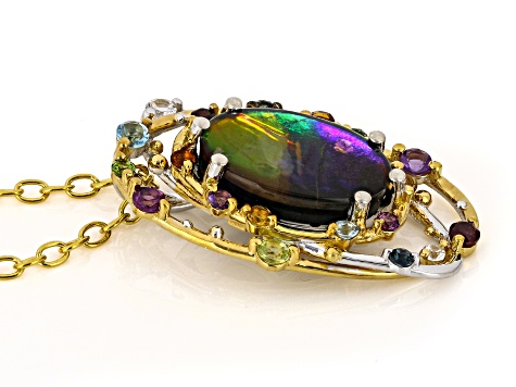 Multi-Color Ammolite Rhodium & 24k Gold Over Palladium Sterling Silver Pendant With Chain 0.42ctw