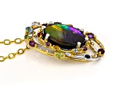 Multi-Color Ammolite Rhodium & 24k Gold Over Palladium Sterling Silver Pendant With Chain 0.42ctw