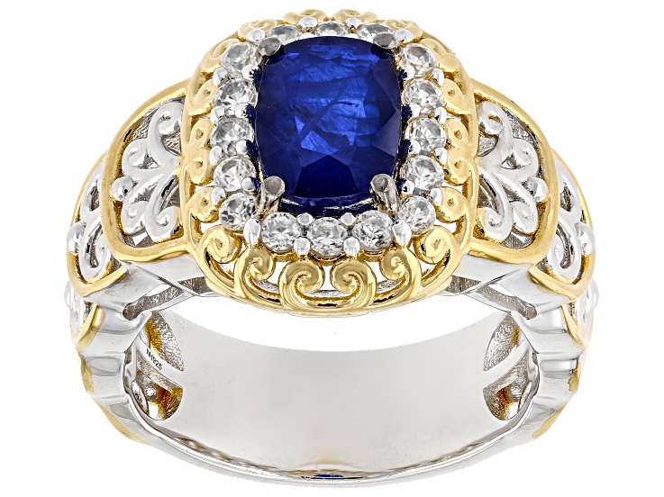Blue Cobalt Spinel With White Zircon Rhodium & 24k Gold Over Palladium Sterling Silver Ring 2.03ctw