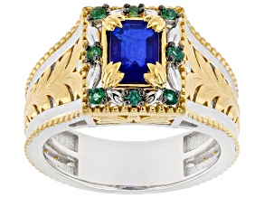 Blue Cobalt Spinel, Grizzly Emerald Rhodium & 24k Gold Over Palladium Sterling Silver Ring 1.20ctw