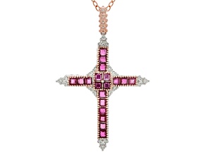 Red Ruby Rhodium & 24k Gold Over Palladium Sterling Silver Cross Pendant With Chain 1.84ctw