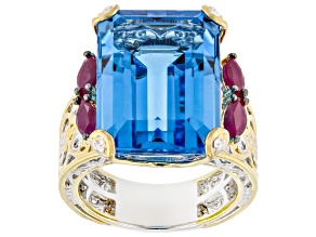 Swiss Blue Topaz, Longido Ruby Rhodium & 24k Gold Over Palladium Sterling Silver Ring 18.81ctw