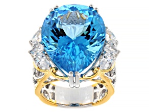 Swiss Blue Topaz, White Zircon Rhodium & 24k Gold Over Palladium Sterling Silver Ring 31.53ctw