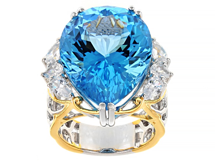 Swiss Blue Topaz, White Zircon Rhodium & 24k Gold Over Palladium Sterling Silver Ring 31.53ctw