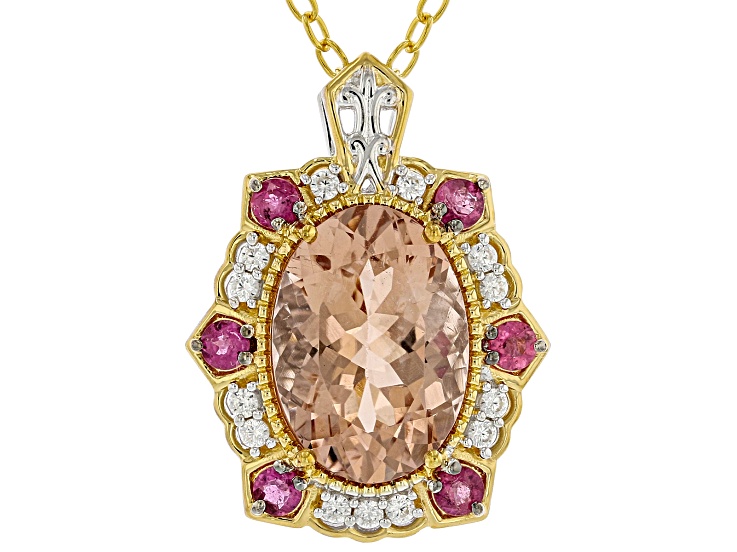 Peach Morganite Rhodium/18k/24k Gold Over Palladium Sterling Silver Pendant With Chain 6.26ctw
