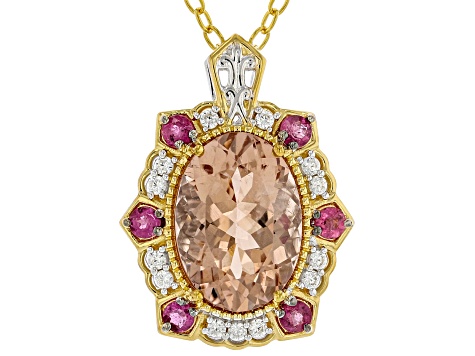 Peach Morganite Rhodium/18k/24k Gold Over Palladium Sterling Silver Pendant With Chain 6.26ctw