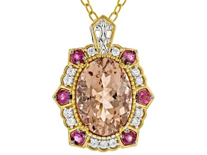 Peach Morganite Rhodium/18k/24k Gold Over Palladium Sterling Silver Pendant With Chain 6.26ctw