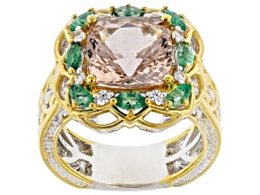 Peach Morganite, Grizzly Emerald Rhodium & 18k Rose Gold Over Palladium Sterling Silver Ring 4.63ctw