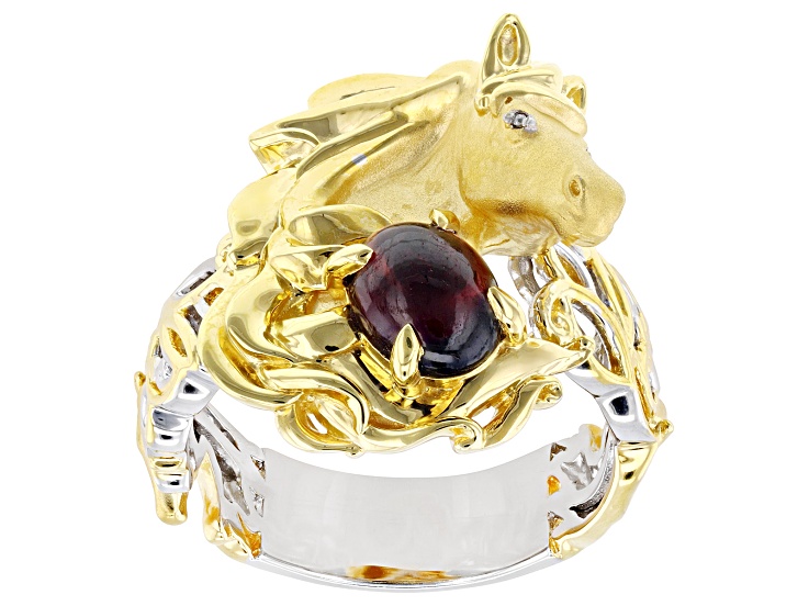 Garnet & Diamond Rhodium & 24k Gold Over Palladium Sterling Silver Horse Ring 0.01ctw