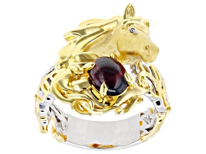 Garnet & Diamond Rhodium & 24k Gold Over Palladium Sterling Silver Horse Ring 0.01ctw