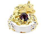 Garnet & Diamond Rhodium & 24k Gold Over Palladium Sterling Silver Horse Ring 0.01ctw