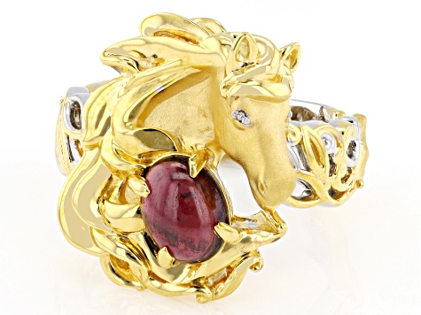 Garnet & Diamond Rhodium & 24k Gold Over Palladium Sterling Silver Horse Ring 0.01ctw