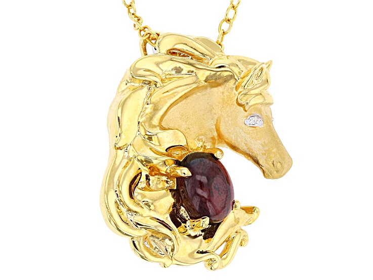 Garnet And Diamond Rhodium & 24k Gold Over Palladium Sterling Silver Horse Pendant/Chain 0.01ctw