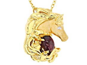 Garnet And Diamond Rhodium & 24k Gold Over Palladium Sterling Silver Horse Pendant/Chain 0.01ctw