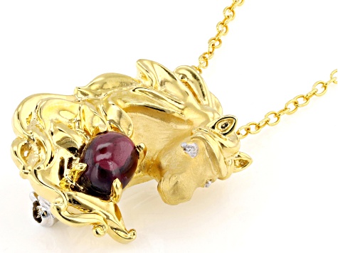 Garnet And Diamond Rhodium & 24k Gold Over Palladium Sterling Silver Horse Pendant/Chain 0.01ctw