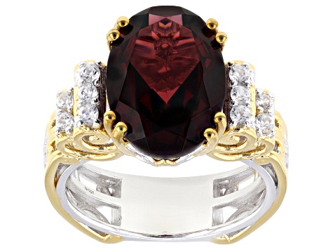 Almandine Garnet, White Zircon Rhodium/24k Gold Over Palladium Sterling Silver Ring 7.21ctw