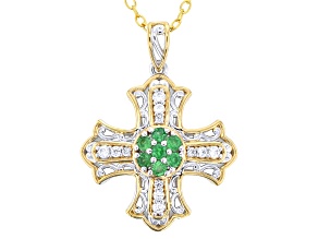 Green Tsavorite, Zircon Rhodium & 24k Gold Over Palladium Silver Cross Pendant W/Chain 0.64ctw