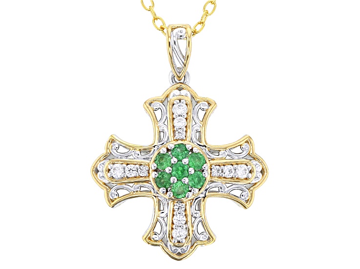 Green Tsavorite, Zircon Rhodium & 24k Gold Over Palladium Silver Cross Pendant W/Chain 0.64ctw