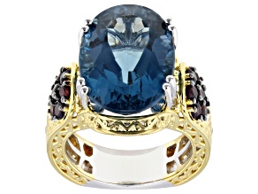 London Blue Topaz, Garnet Rhodium & 24k Gold Over Palladium Sterling Silver Ring 11.54ctw